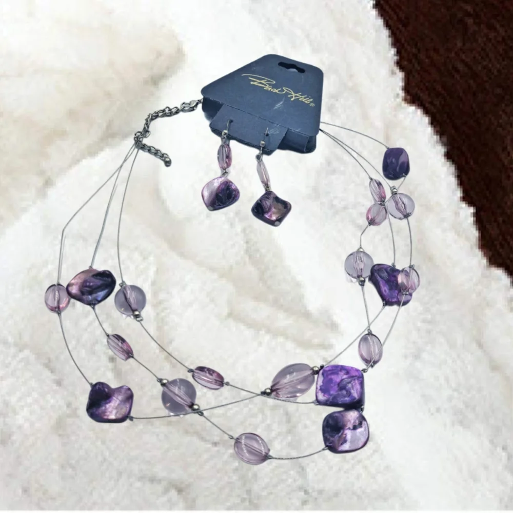 Triple Layer Amythest Color Necklace & Earrings. NWT